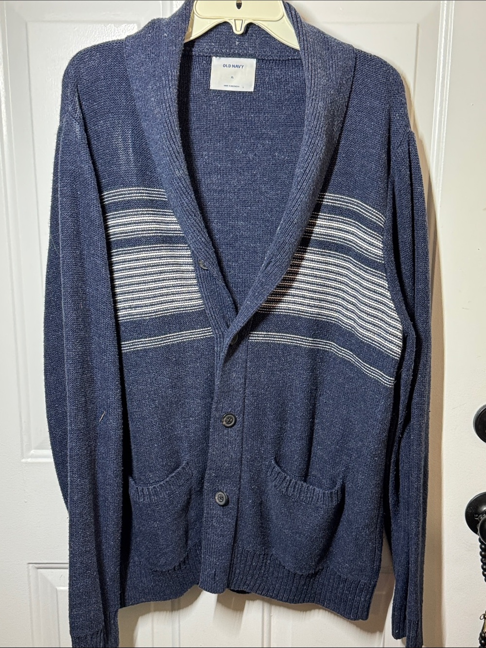 Old Navy Navy and White Striped Shawl Collar Cardigan